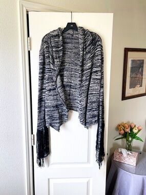 If Six Was Nine Black Hawk Hooded Cardigan Fringe Knit Size 2 EUC